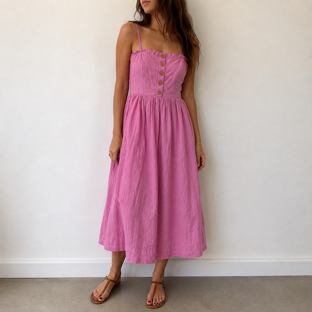Free People Lilah Pink Pleated Tube Midi Dress Smocked Back Large